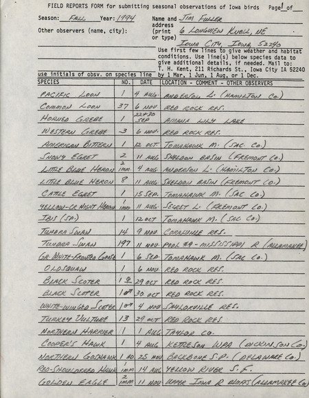 An annotated list of birds sighted by Jim Fuller. This item was used as supporting documentation for the Iowa Ornithologists' Union Quarterly field report of fall 1994.