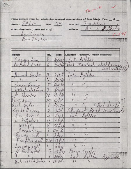 An annotated list of birds sighted by Tom Johnson. This item was used as supporting documentation for the Iowa Ornithologists' Union Quarterly field report of fall 1994.