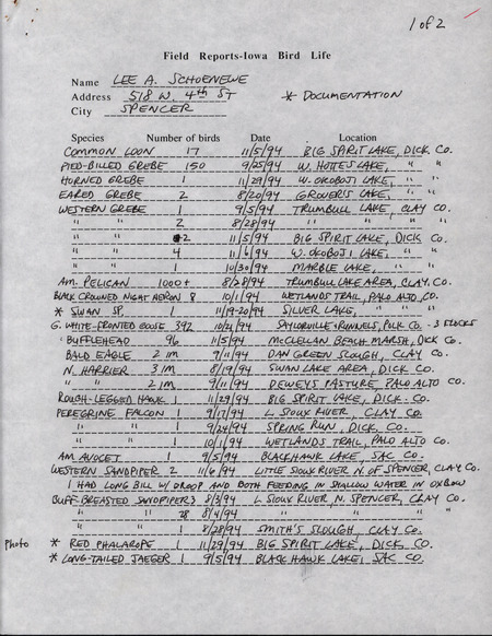 An annotated list of birds sighted by Lee Schoenewe. This item was used as supporting documentation for the Iowa Ornithologists' Union Quarterly field report of fall 1994.