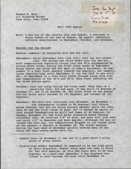 An annotated list of birds sighted by John Van Dyk. This item was used as supporting documentation for the Iowa Ornithologists' Union Quarterly field report of fall 1994.