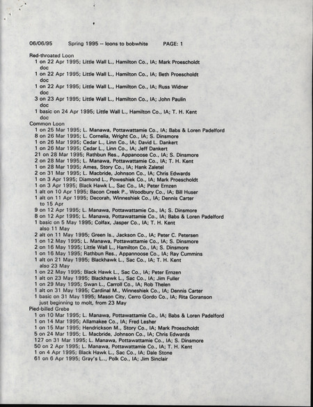 List of bird sightings dated June 6, 1995. This item was used as supporting documentation for the Iowa Ornithologists' Union Quarterly field report of spring 1995.