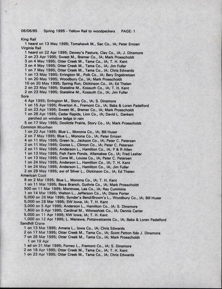 List of bird sightings dated June 6, 1995. This item was used as supporting documentation for the Iowa Ornithologists' Union Quarterly field report of spring 1995.