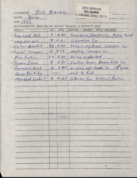 An annotated list of birds sighted by Dick Bierman. This item was used as supporting documentation for the Iowa Ornithologists' Union Quarterly field report of spring 1995.
