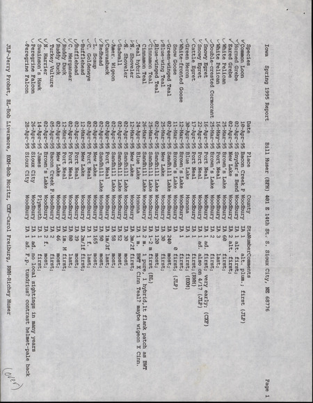 An annotated list of birds sighted by Bill Huser and others. This item was used as supporting documentation for the Iowa Ornithologists' Union Quarterly field report of spring 1995.