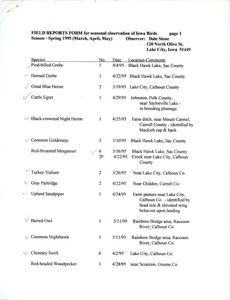An annotated list of birds sighted by Dale Stone. This item was used as supporting documentation for the Iowa Ornithologists' Union Quarterly field report of spring 1995.