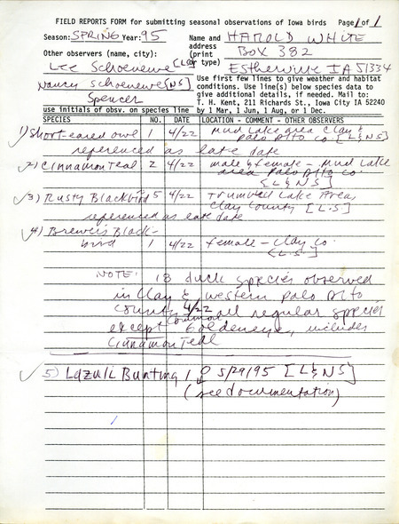 An annotated list of birds sighted by Harold White with Lee and Nancy Schoenewe. This item was used as supporting documentation for the Iowa Ornithologists' Union Quarterly field report of spring 1995.