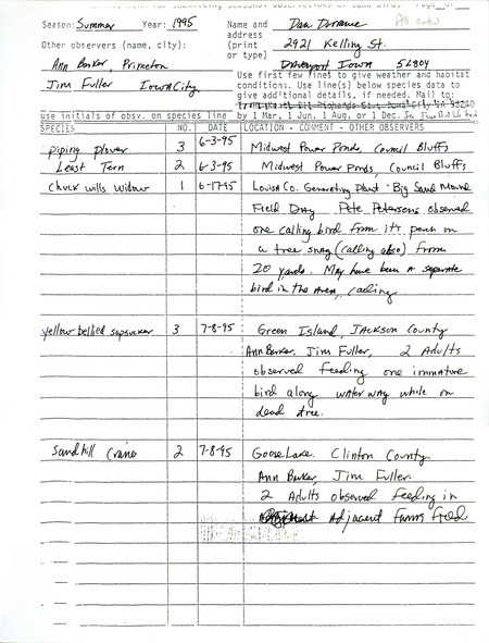 An annotated list of birds sighted by Dan Dorrance and two others. This item was used as supporting documentation for the Iowa Ornithologists' Union Quarterly field report of summer 1995.