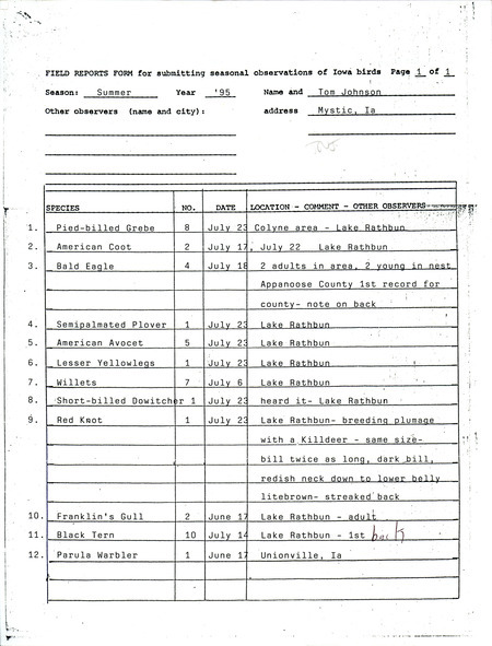 An annotated list of birds sighted by Tom Johnson. This item was used as supporting documentation for the Iowa Ornithologists' Union Quarterly field report of summer 1995.
