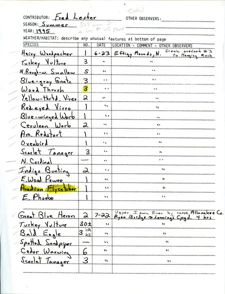 An annotated list of birds sighted by Fred Lesher. This item was used as supporting documentation for the Iowa Ornithologists' Union Quarterly field report of summer 1995.