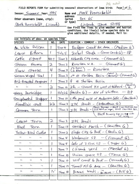 An annotated list of birds sighted by Mark Proescholdt and others. This item was used as supporting documentation for the Iowa Ornithologists' Union Quarterly field report of summer 1995.