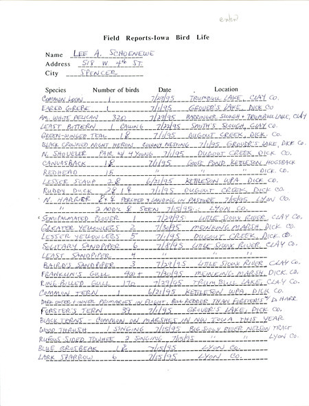 An annotated list of birds sighted by Lee Schoenewe. This item was used as supporting documentation for the Iowa Ornithologists' Union Quarterly field report of summer 1995.