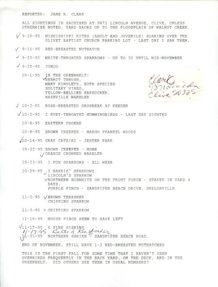 List of birds and locations contributed by Jane Clark. This item was used as supporting documentation for the Iowa Ornithologists' Union Quarterly field report of fall 1995.