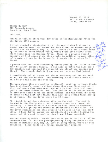 Field notes contributed by Jane Clark in a letter to Thomas H. Kent. The letter includes details on the sighting of a Mississippi Kite. This item was submitted past the deadline for the Iowa Ornithologists' Union Quarterly Report of spring 1995.