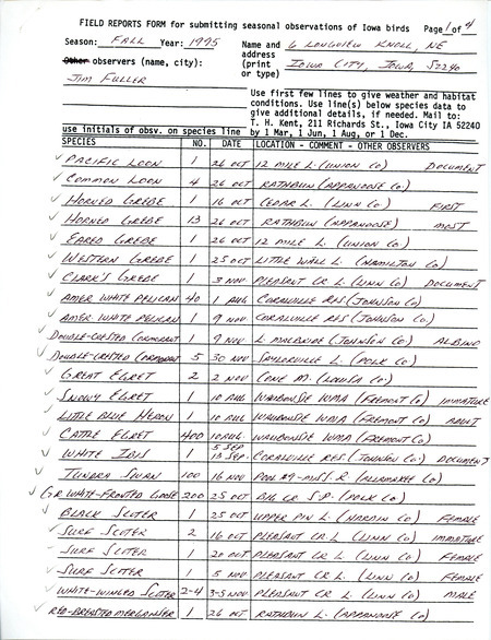 List of birds and locations contributed by James L. Fuller. This item was used as supporting documentation for the Iowa Ornithologists' Union Quarterly field report of fall 1995.
