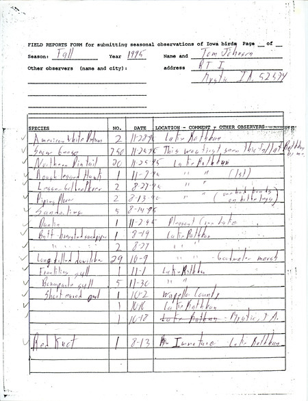 List of birds and locations contributed by Thomas N. Johnson. This item was used as supporting documentation for the Iowa Ornithologists' Union Quarterly field report of fall 1995.