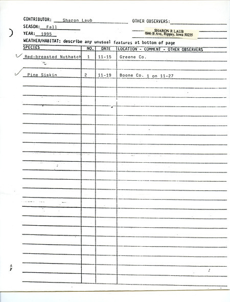 List of birds and locations contributed by Sharon Laub. This item was used as supporting documentation for the Iowa Ornithologists' Union Quarterly field report of fall 1995.