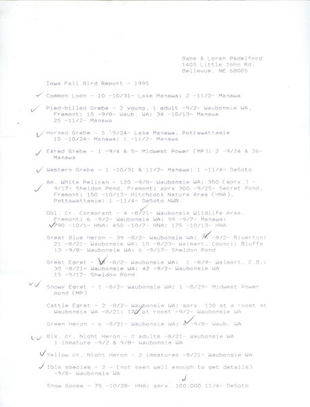 List of birds and locations contributed by Babs Padelford and Loren Padelford. This item was used as supporting documentation for the Iowa Ornithologists' Union Quarterly field report of fall 1995.