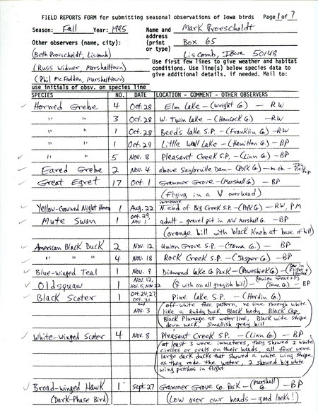 List of birds and locations contributed by Mark Proescholdt with observers Beth Proescholdt, Russ Widner and Phil McFadden. This item was used as supporting documentation for the Iowa Ornithologists' Union Quarterly field report of fall 1995.