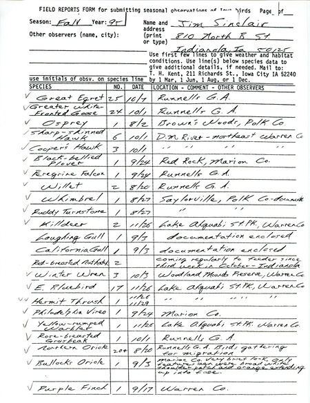 List of birds and locations contributed by Jim Sinclair. This item was used as supporting documentation for the Iowa Ornithologists' Union Quarterly field report of fall 1995.