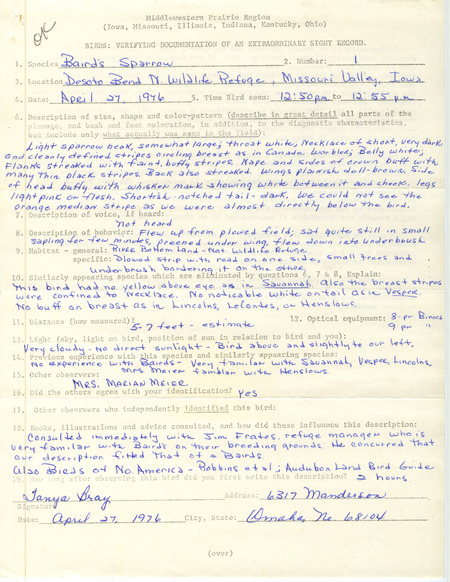 Rare bird documentation form for a Baird's Sparrow at DeSoto Bend National Wildlife Refuge in Harrison County, IA on April 27, 1976.