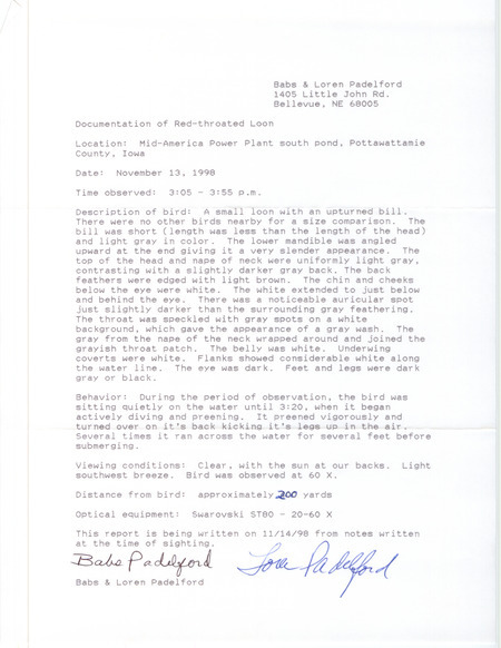Rare bird documentation form for a Red-throated Loon at Mid-America Power Plant south pond in Pottawattamie County on November 13, 1998.