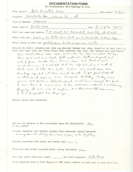 Rare bird documentation form for two Red-throated Loons at Coralville Reservoir in Johnson County, IA on November 27, 1998.