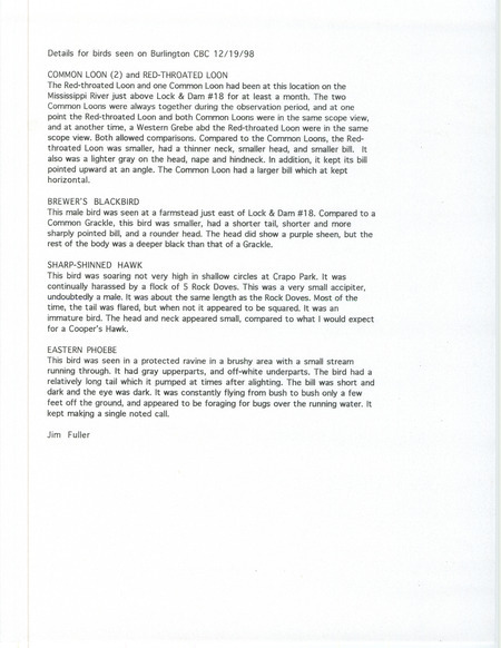 Details of birds seen during the Burlington Christmas Bird County, December 19, 1998 reported by Jim Fuller. Notable sighting includes a Red-Throated Loon.