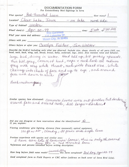 Rare bird documentation form for a Red-throated Loon at Clear Lake in Cerro Gordo County, IA on April 20, 1999.