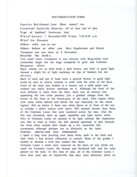 Rare bird documentation form for two Red-throated Loons at Saylorville Reservoir in Polk County, IA on November 7, 1999.