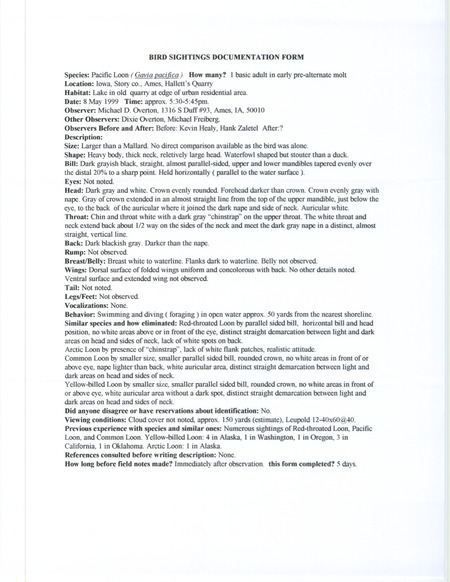 Rare bird documentation form for a Pacific Loon at Hallett's Quarry in Ames in Story County, IA on May 8, 1999.
