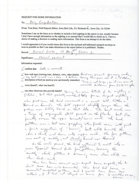 Request for more information form regarding a sighting of a Horned Grebe at Terra Lake, August 13, 1995 by Bery Engebretsen.
