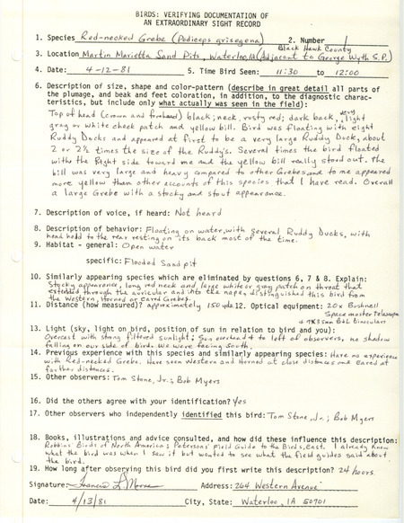 Rare bird documentation form for a Red-necked Grebe at Martin Marietta Sand Pits in Waterloo in Black Hawk County, IA on April 12, 1981.
