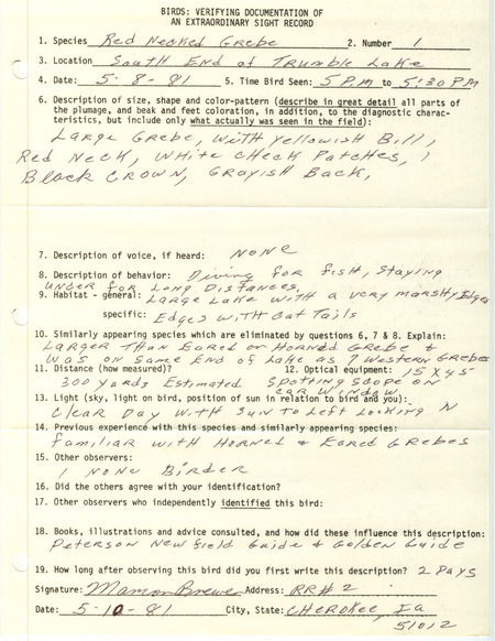 Rare bird documentation form for a Red-necked Grebe at Trumbull Lake in Clay County, IA on May 8, 1981.