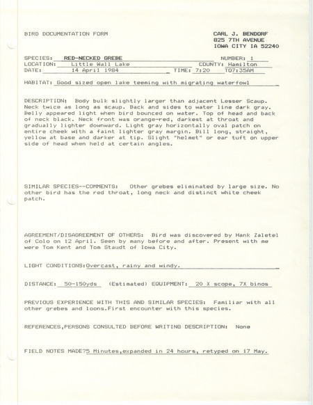 Rare bird documentation form for a Red-necked Grebe at Little Wall Lake in Hamilton County, IA on April 14, 1984.
