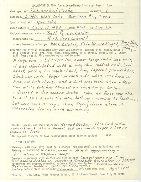 Rare bird documentation form for Red-necked Grebe at Little Wall Lake in Hamilton County, IA on April 14, 1984.