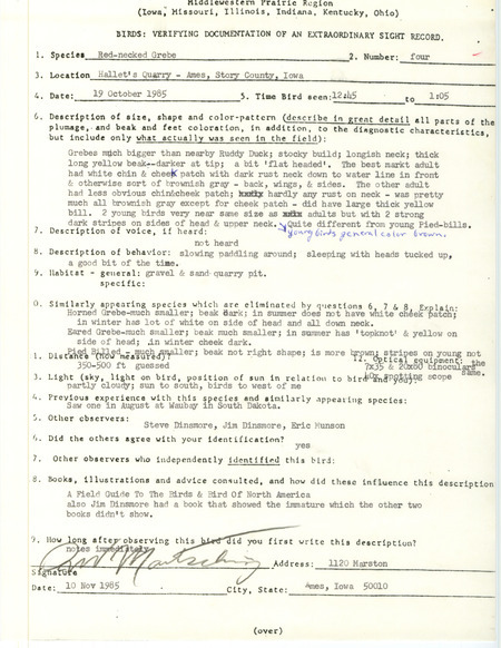Rare bird documentation form for four Red-throated Loons at Hallett's Quarry in Ames in Story County, IA on October 19, 1985.
