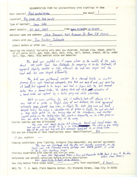 Rare bird documentation form for a Red-necked Grebe at Big Creek State Park in Polk County, IA on October 20, 1985.