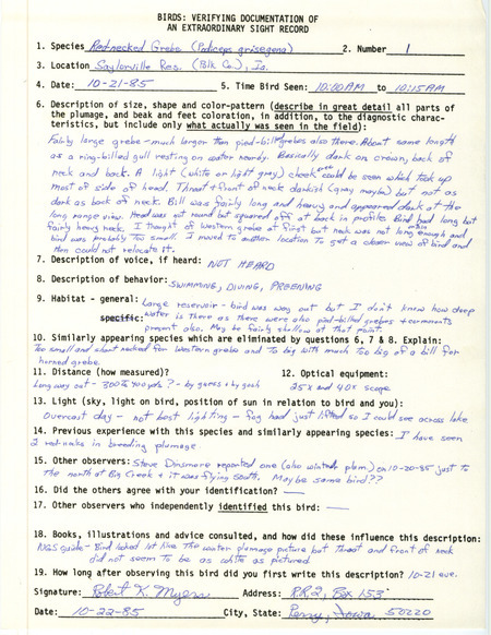 Rare bird documentation form for a Red-necked Grebe at Saylorville Reservoir in Polk County, IA on October 21, 1985.