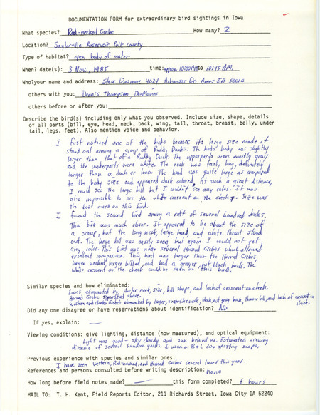 Rare bird documentation form for two Red-necked Grebes at Saylorville Reservoir in Polk County, IA on November 3, 1985.