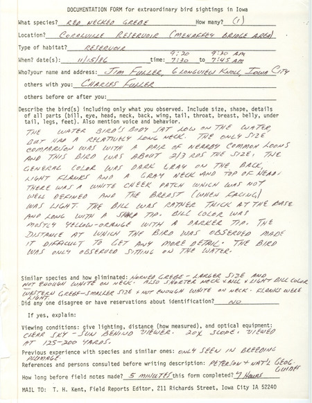 Rare bird documentation form for a Red-necked Grebe at the Mehaffey Bridge at Coralville Reservoir in Johnson County, IA on November 15, 1986.
