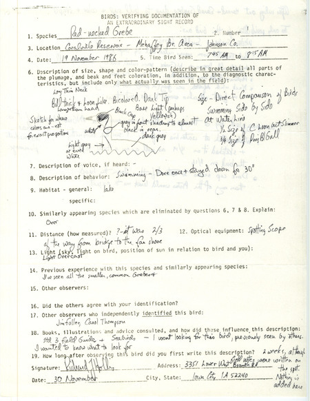 Rare bird documentation form for a Red-necked Grebe at Mehaffey Bridge area at the Coralville Reservoir in Johnson County, IA on November 19, 1986.