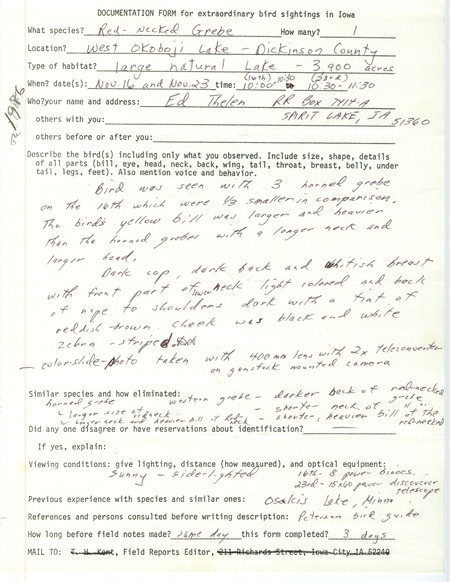 Rare bird documentation form for a Red-necked Grebe at West Okoboji Lake in Dickinson County, IA on November 16, 1986.