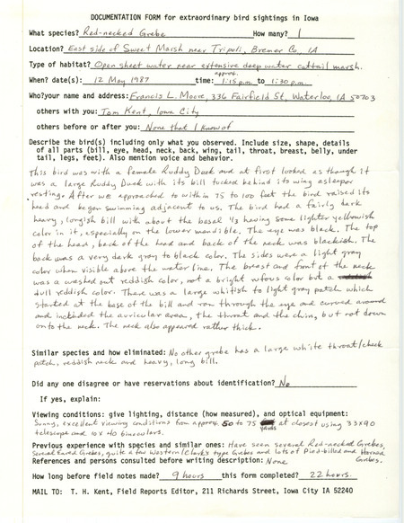 Rare bird documentation form by Francis Moore regarding a Red-necked Grebe at Sweet March in Bremer County, IA on May 12, 1987.