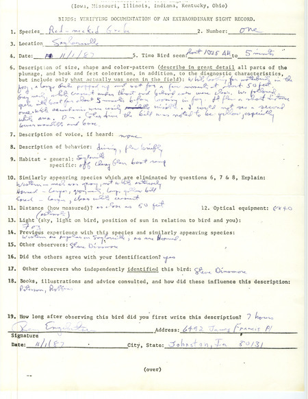 Rare bird documentation form for a Red-necked Grebe by Bery Engebretsen at Saylorville in Polk County, IA on November 1, 1987.