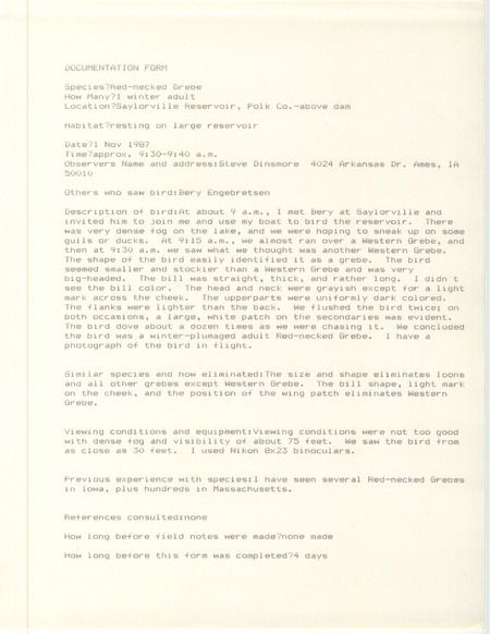 Rare bird documentation form for a Red-necked Grebe at Saylorville Reservoir in Polk County, IA on November 1, 1987.