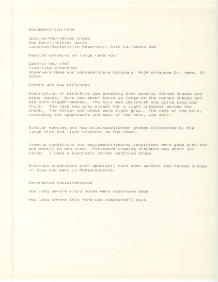Rare bird documentation forms for a Red-necked Grebe at Saylorville Reservoir in Polk County, IA on November 10, 1987.