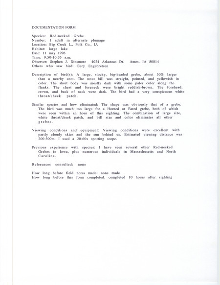 Rare bird documentation form for a Red-necked Grebe at Big Creek Lake in Polk County, IA on May 11, 1996.