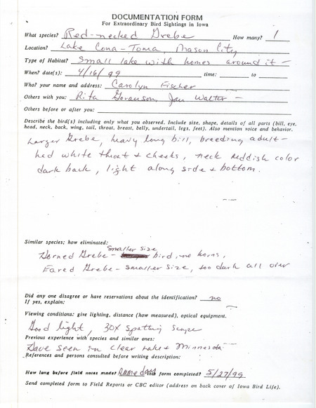 Rare bird documentation form for a Red-necked Grebe at Lake Cona-Toma in Mason City in Cerro Gordo County, IA on April 16, 1999.