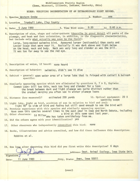 Rare bird documentation for a Western Grebe at Trumbull Lake in Clay County, IA on June 5, 1980.
