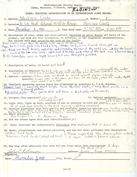 Rare bird documentation for Western Grebe at DeSoto Bend National Wildlife Refuge in Harrison County, IA on November 1, 1980.